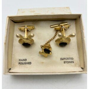 1970s Onyx Bowling Pins Cuff Links-Tie Tac Set-Gold Tone-NOS MCM-Rare Find